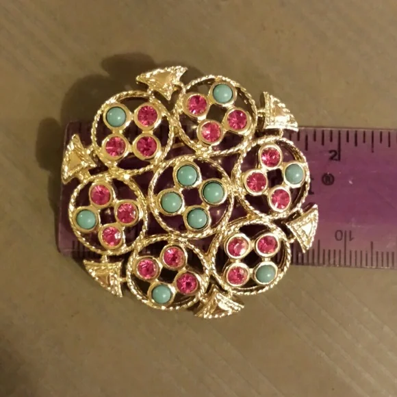 Sarah Coventry silvertone brooch turquoise colored pink rhinestones Vintage EUC - Picture 4 of 11